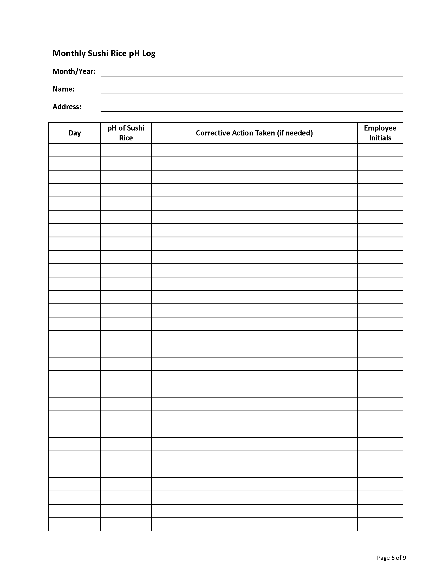 Attachment A: Sushi Rice Monthly pH Log