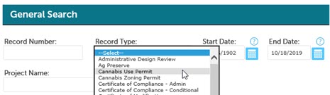 screen capture: Record Type drop-down input with Cannabis Use Permit selected