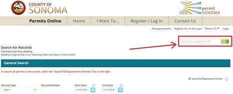 screen capture: Permits Online screen with Search Existing Permits box highlighted