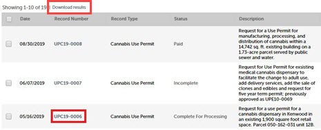 screen capture: search results listing all Cannabis use permits, with one of the permit number links highlighted