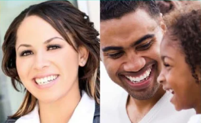 Split image, woman smiling on left, other side man and child smiling