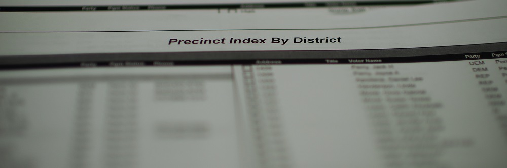 A closeup of a report titled, "Precinct Index by District" with a long list of voters below (all of the voter names are too blurry to make out).