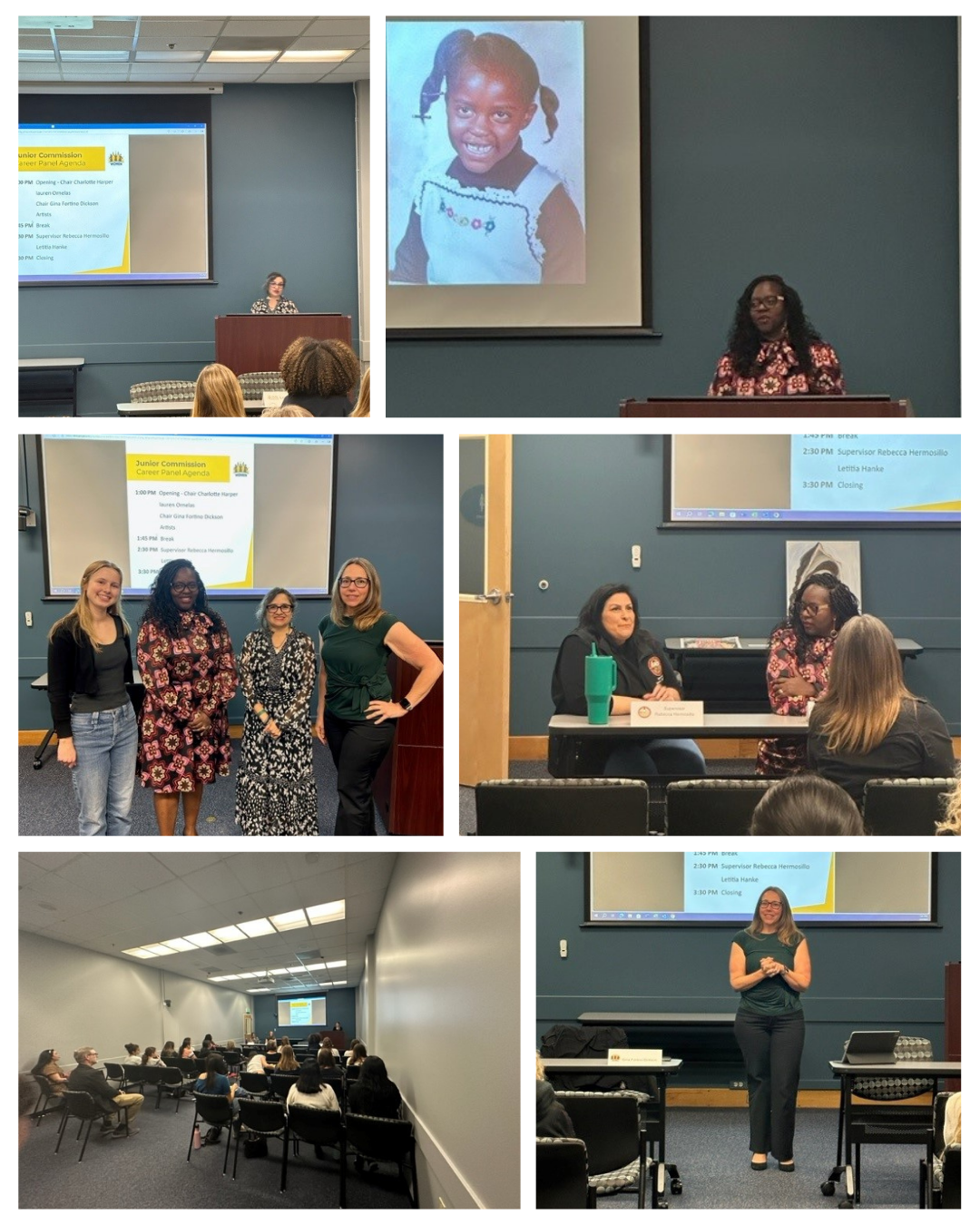 six picture-collage of the speakers and the audience during the career panel